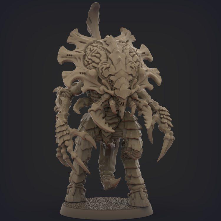 Three-dimensional model of a spiky, beast-like creature standing on a circular textured base, viewed from the front-ward angle.